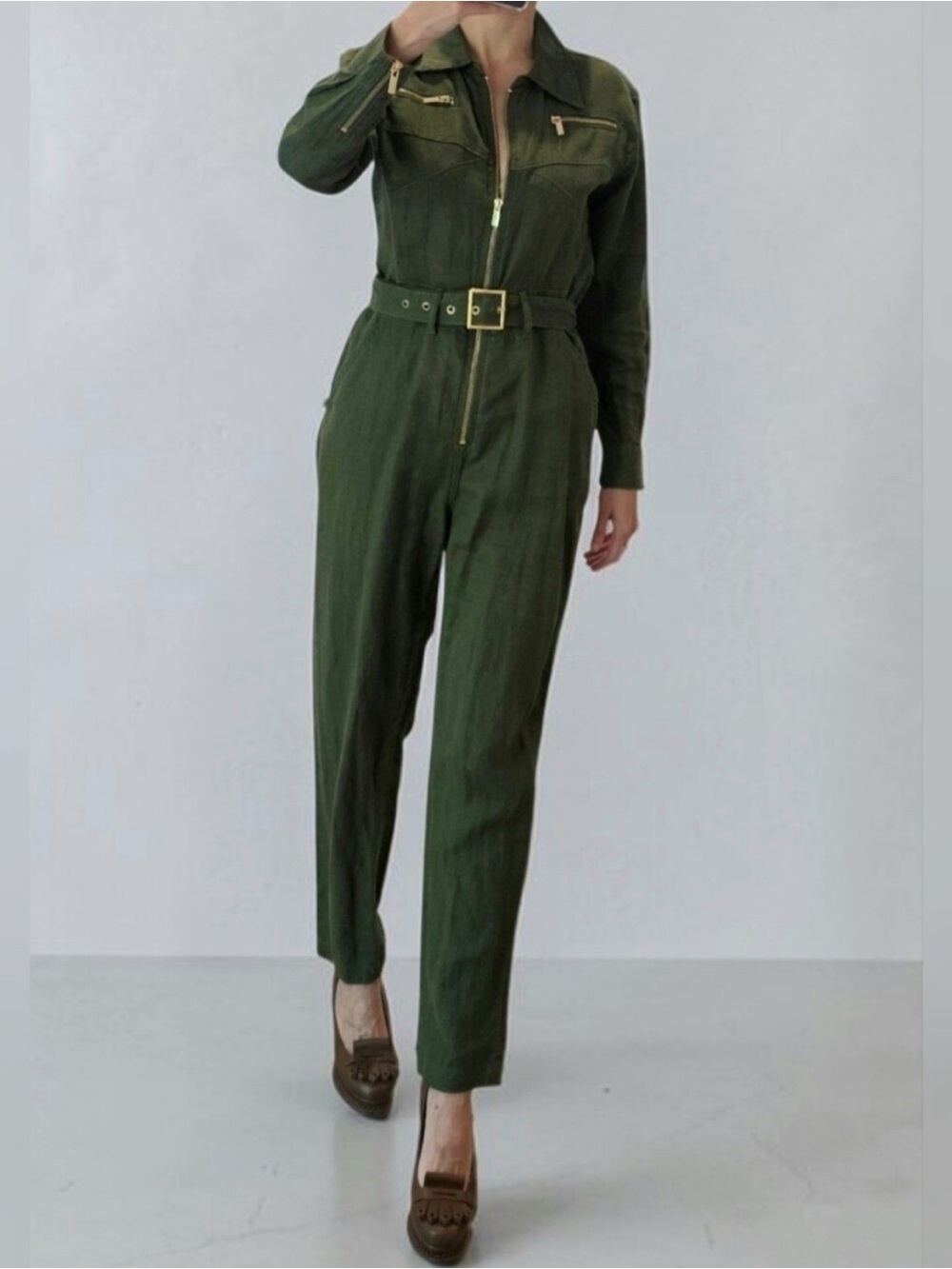 We Wore What Linen Utility Jumpsuit L Olive Green Cargo Boiler Suit